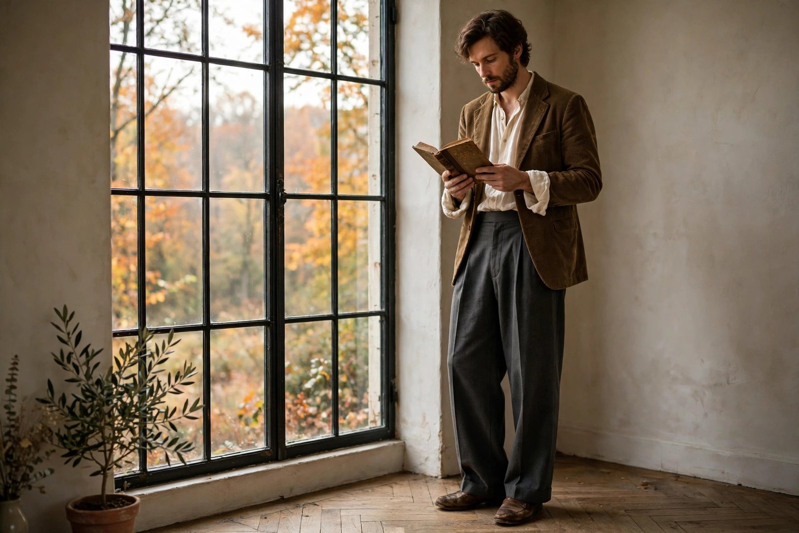 Man in a poetcore outfit with a billowy cream shirt, high-waisted charcoal wide-leg trousers, an unstructured brown blazer and leather loafers, holding a book beside a tall window in soft autumn light
