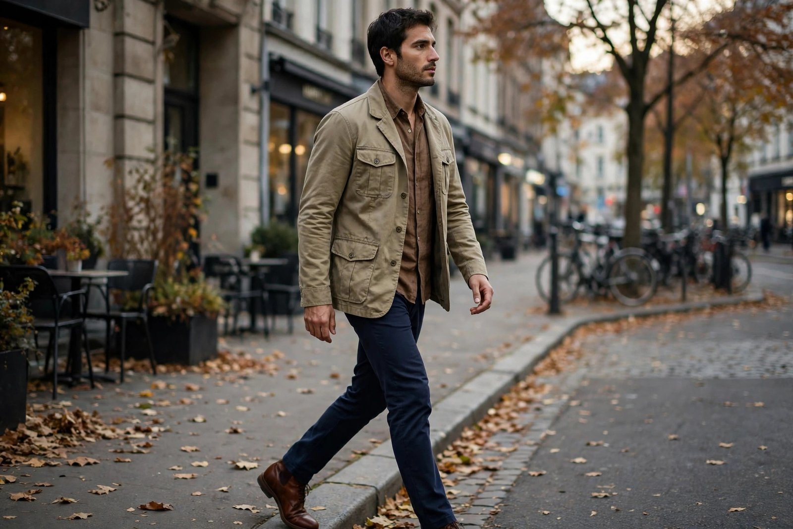 Man in a charcoal long-sleeve Henley shirt under an olive overshirt with dark jeans and leather boots outdoors in autumn light, photorealistic editorial fashion photography