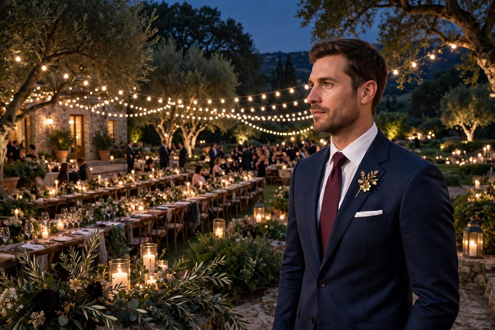 Man in a navy tailored suit wearing a gold floral brooch pinned through the left lapel buttonhole with a burgundy tie and white pocket square, festive evening event, photorealistic fashion photography