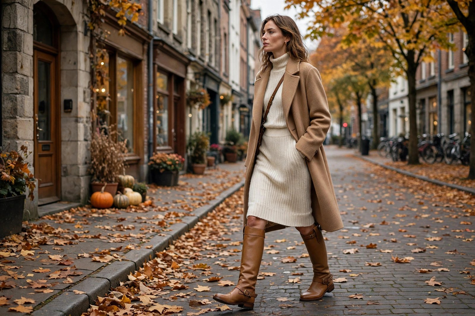Woman wearing tan leather knee-high equestrian boots with a cream knit sweater dress and a wool coat on an autumn street with fallen leaves, photorealistic editorial fashion photography