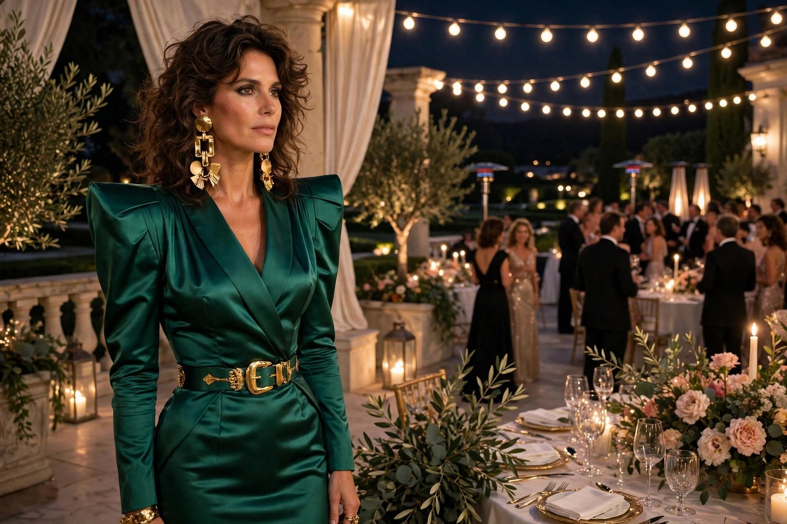 Woman wearing an elegant Grecian-inspired draped dress in soft ivory with gold jewellery at an evening event