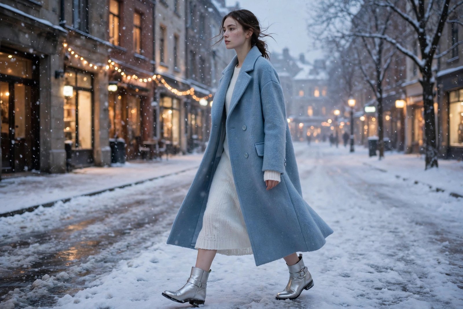 Woman wearing a long ice blue wool coat over a white knit dress and silver ankle boots walking through a softly lit snowy street, photorealistic editorial fashion photography