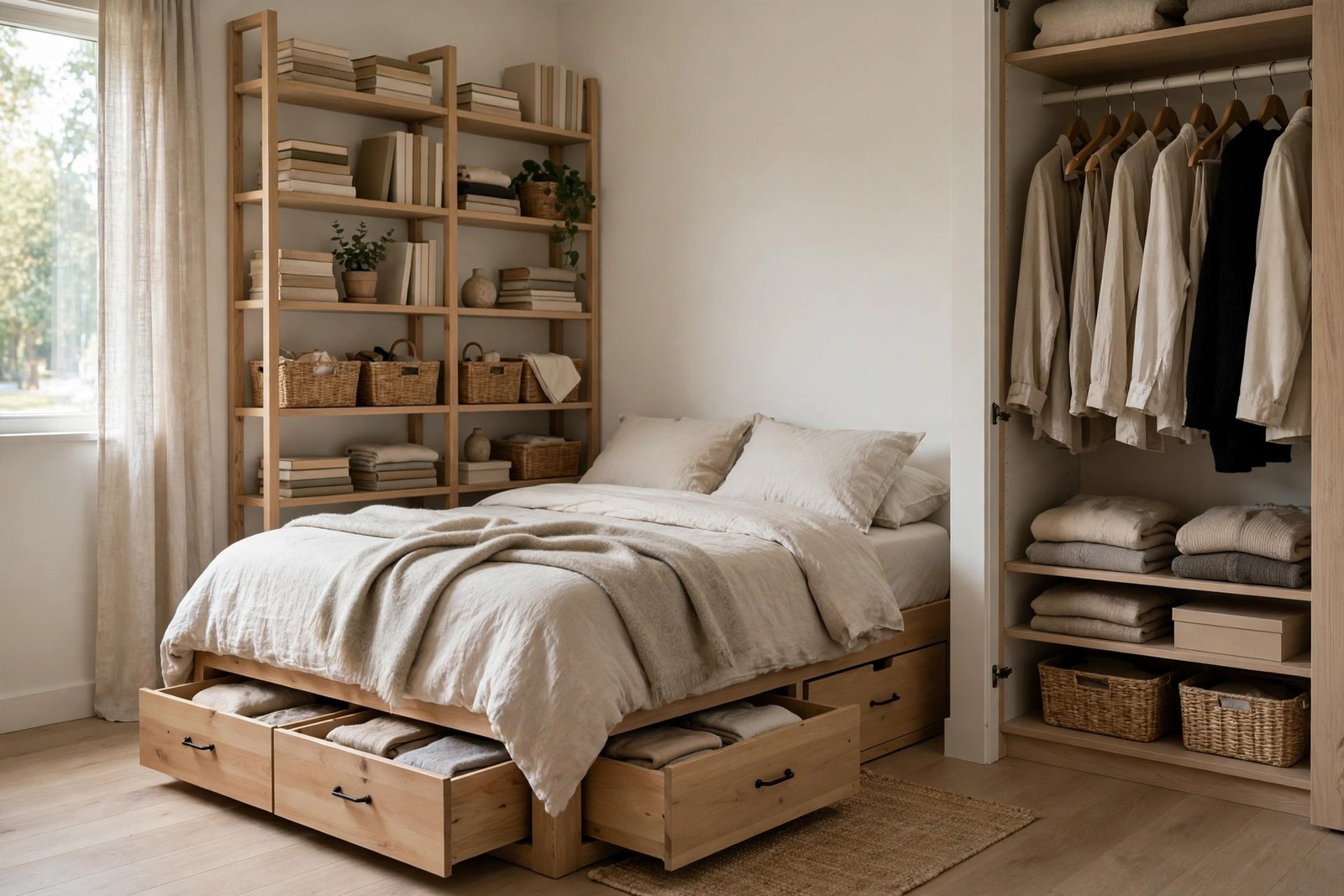 Small tidy bedroom with under-bed storage drawers, tall wall shelves, and a neatly organized closet with matching hangers, soft daylight, photorealistic home interior photography