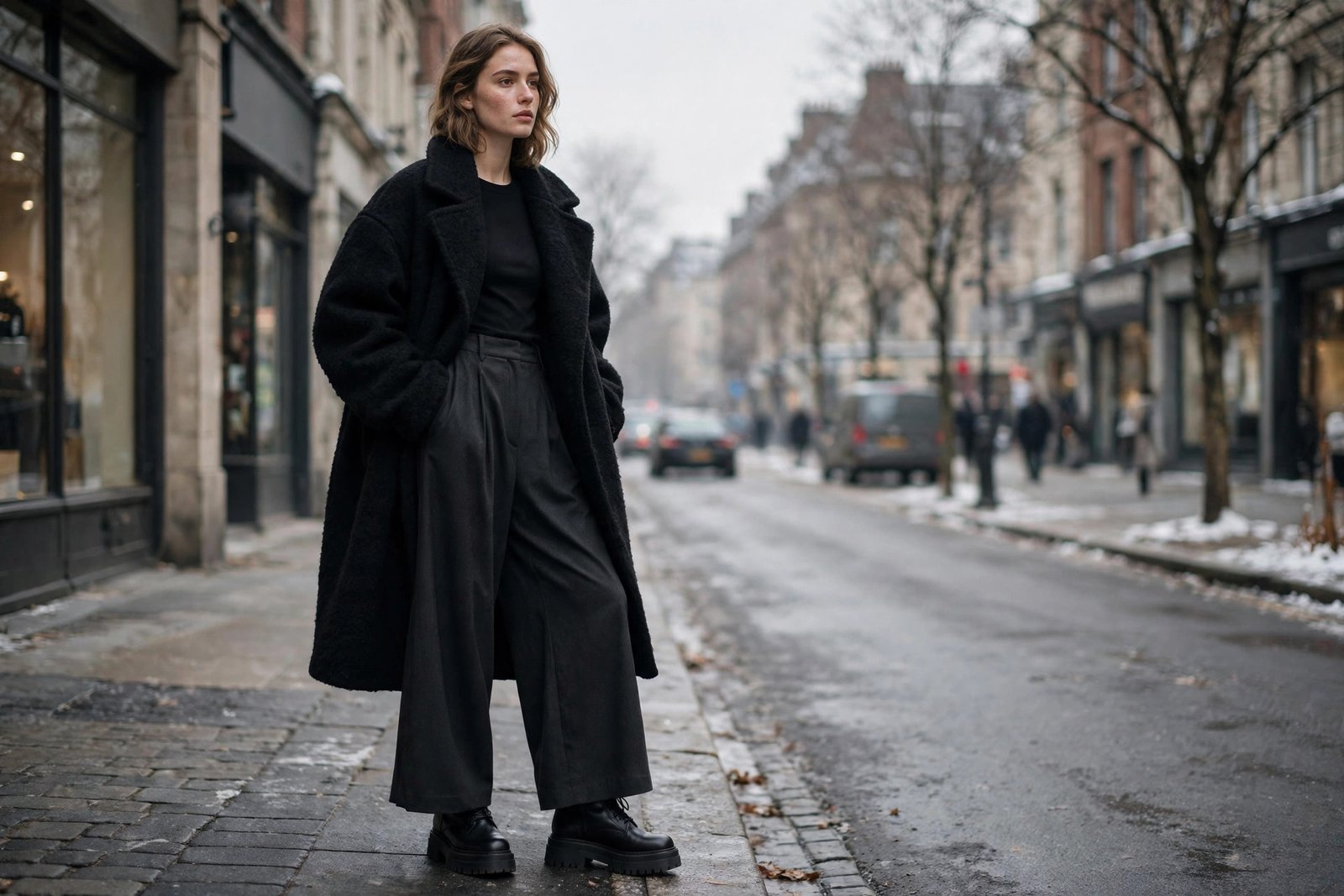 A woman in an oversized black wool coat, black top, wide-leg dark trousers and chunky black boots on a winter city street