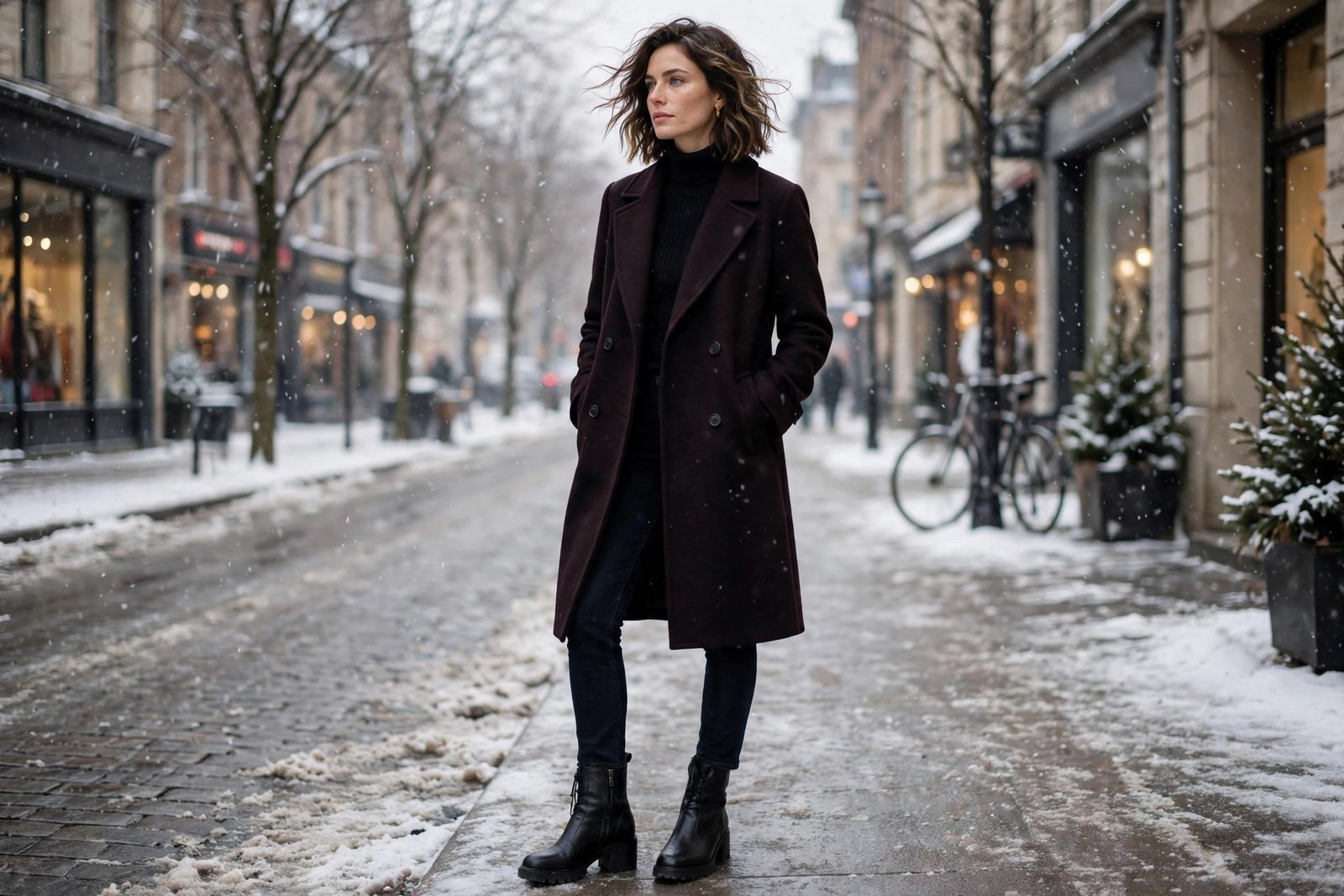 Woman wearing a black cherry wool coat with dark jeans and ankle boots on a winter street, photorealistic editorial fashion photography