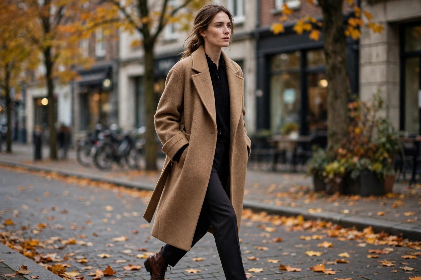 A woman in a camel long coat, black knit top, dark tailored trousers and brown leather boots walking on a city street in autumn