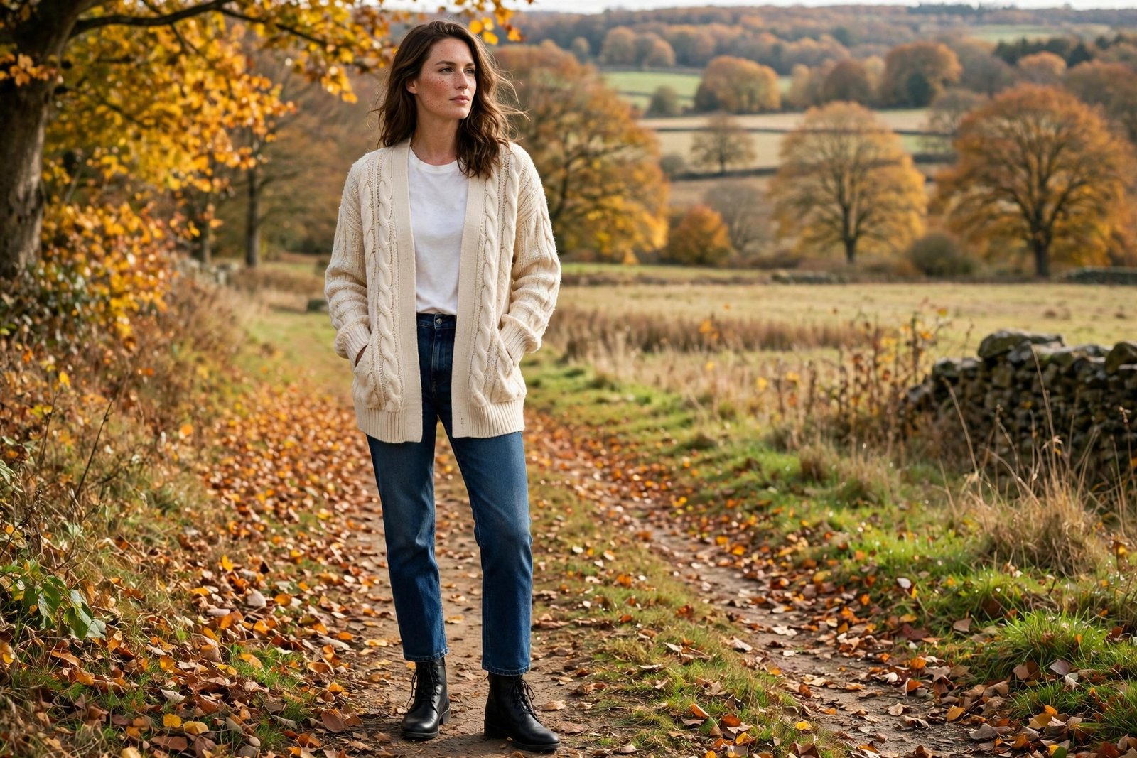 Woman in a cream cable-knit cardigan worn open over a white top and straight dark jeans with ankle boots in autumn daylight, photorealistic editorial fashion photography