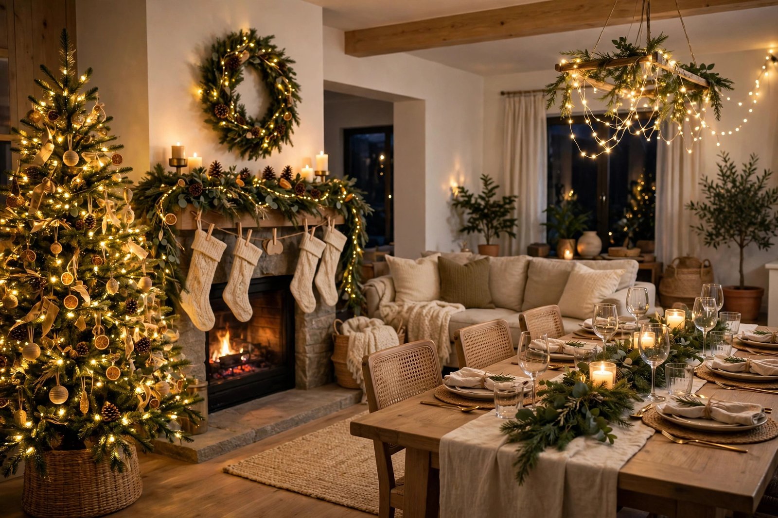A warmly decorated whole home at Christmas with a glowing tree, garland-draped mantel, festive dining table and soft golden fairy lights, photorealistic interior photography