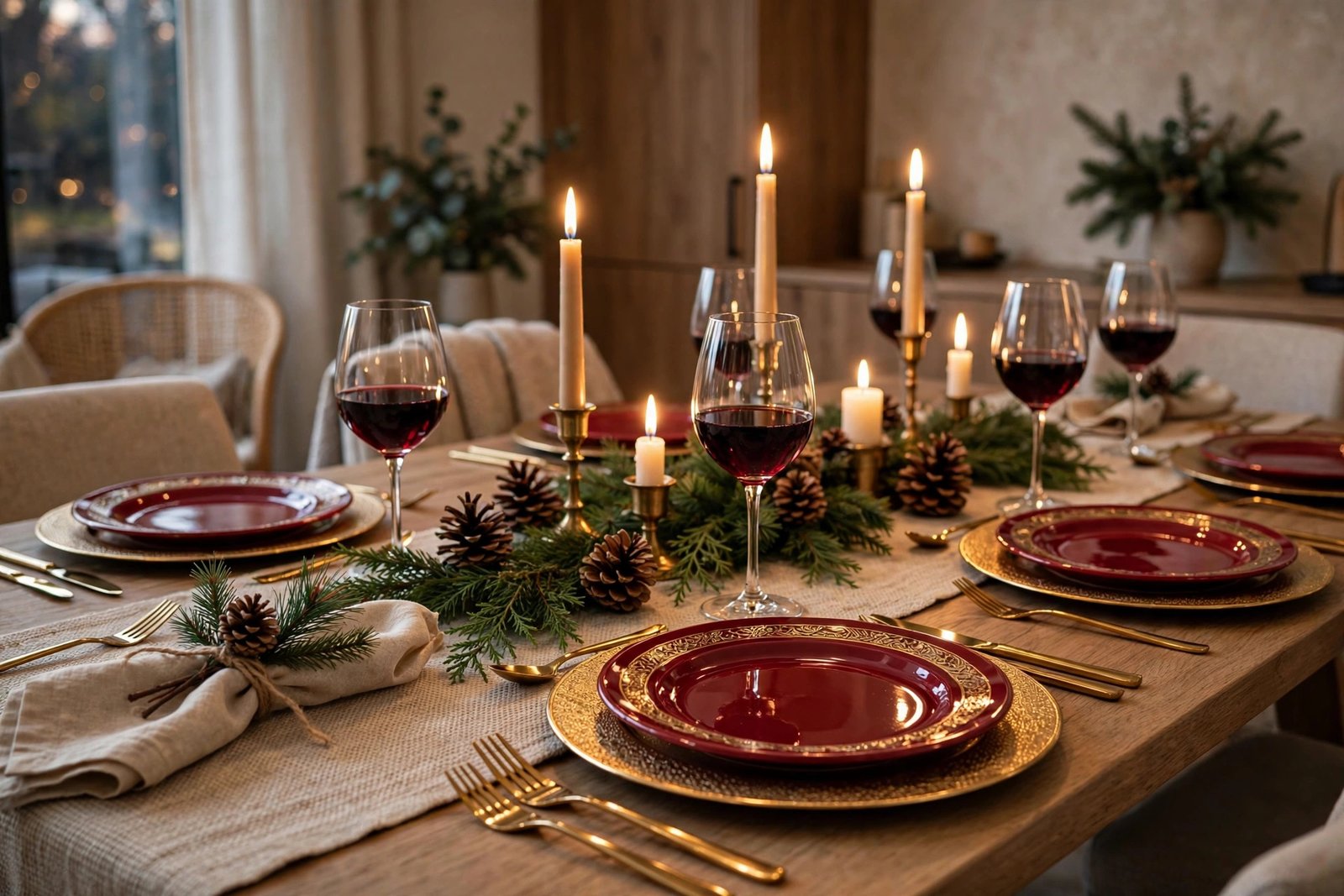 An elegant Christmas dinner table setting with red and gold plates, pine sprigs, candles, pinecones and wine glasses