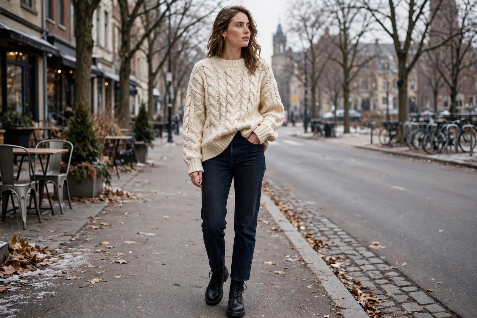 Woman in a cream chunky cable-knit sweater half-tucked into straight dark jeans with ankle boots in winter daylight, photorealistic editorial fashion photography