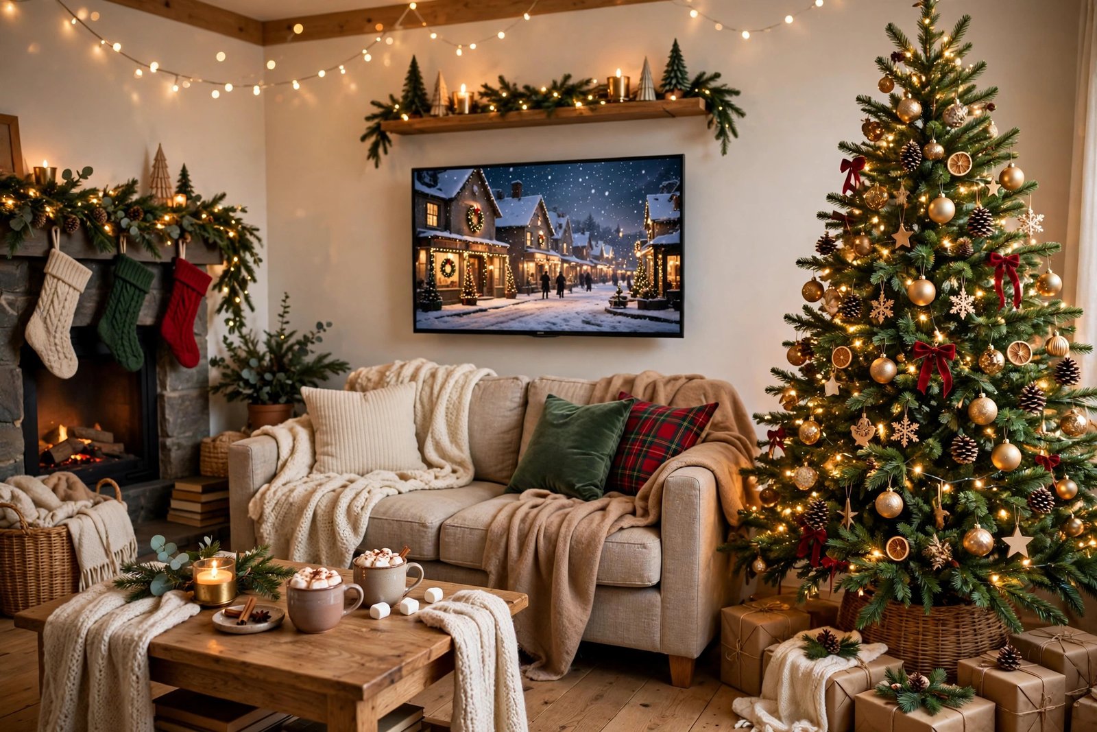 A cosy living room at Christmas with a decorated tree, glowing fairy lights, soft blankets, mugs of hot chocolate and a television showing a festive film