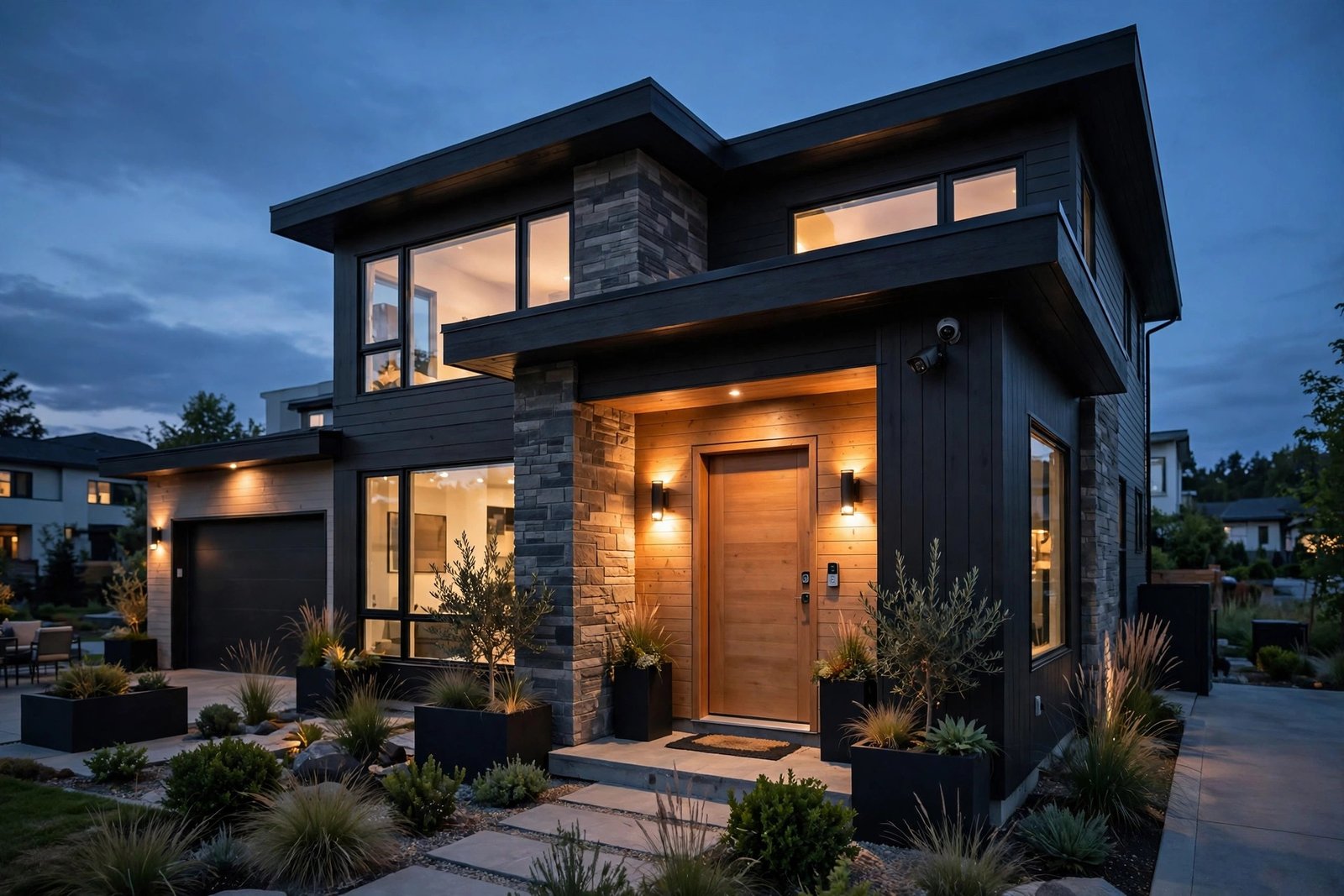 Modern home exterior at dusk with a video doorbell, wall-mounted security camera and warm porch lighting