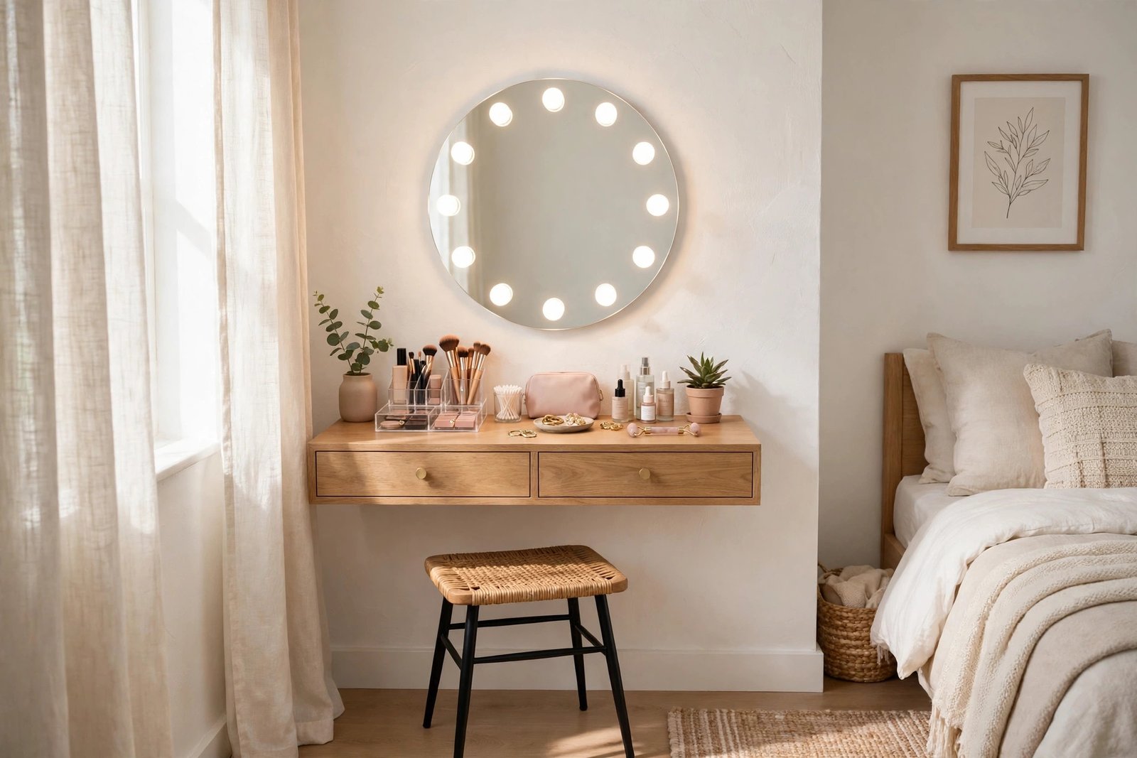 Small bright bedroom with a wall-mounted dressing table, round mirror with lights, stool tucked underneath and neat makeup organizers, photorealistic home interior photography