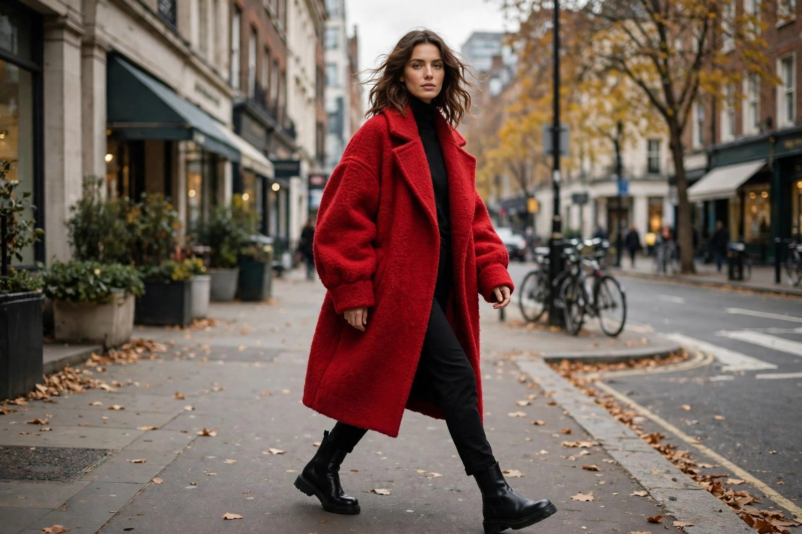 A woman wearing a bold red oversized wool coat over a black outfit with black boots, walking confidently down a city street