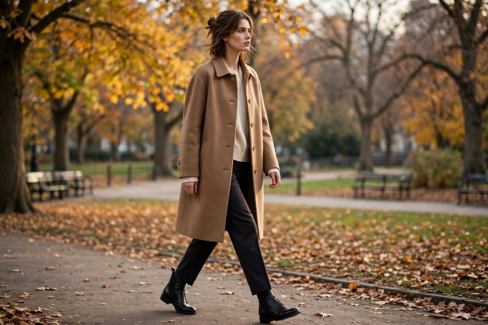 Anonymous model wearing a classic camel wool coat over a cream knit sweater, dark straight trousers and leather ankle boots in autumn light