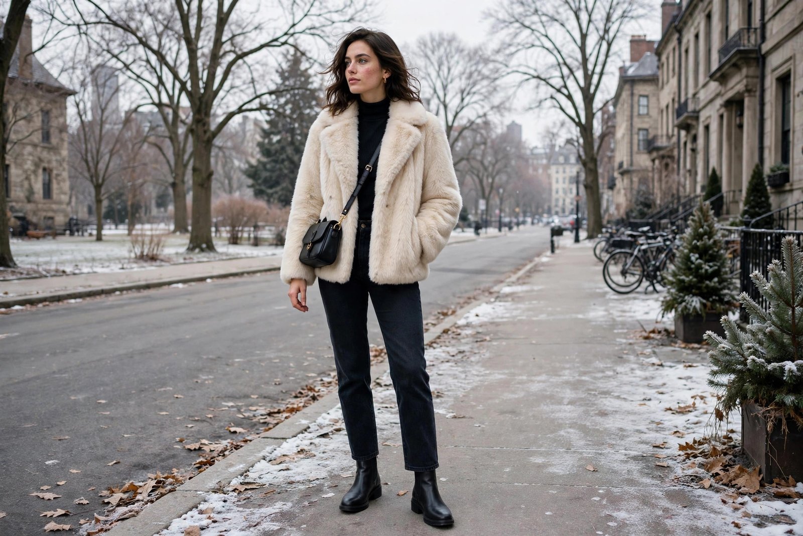 Woman in a cream faux fur coat over a black top and straight dark jeans with ankle boots in winter daylight, photorealistic editorial fashion photography