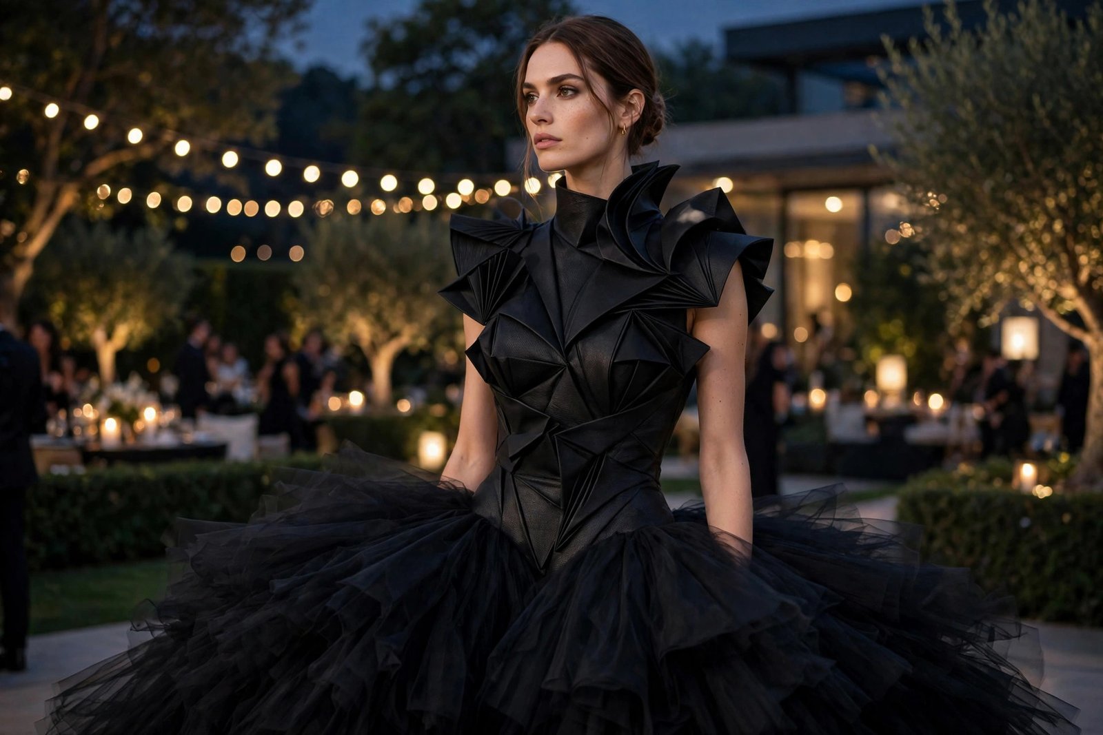 Woman wearing an all-black outfit with a sculptural top and voluminous skirt at an evening event