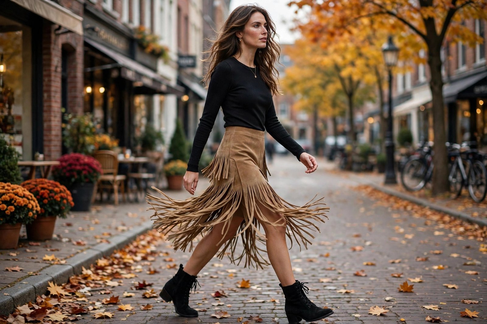 Woman wearing a tan suede fringe skirt with a fitted black top and ankle boots, the fringe moving as she walks through an autumn street, photorealistic editorial fashion photography