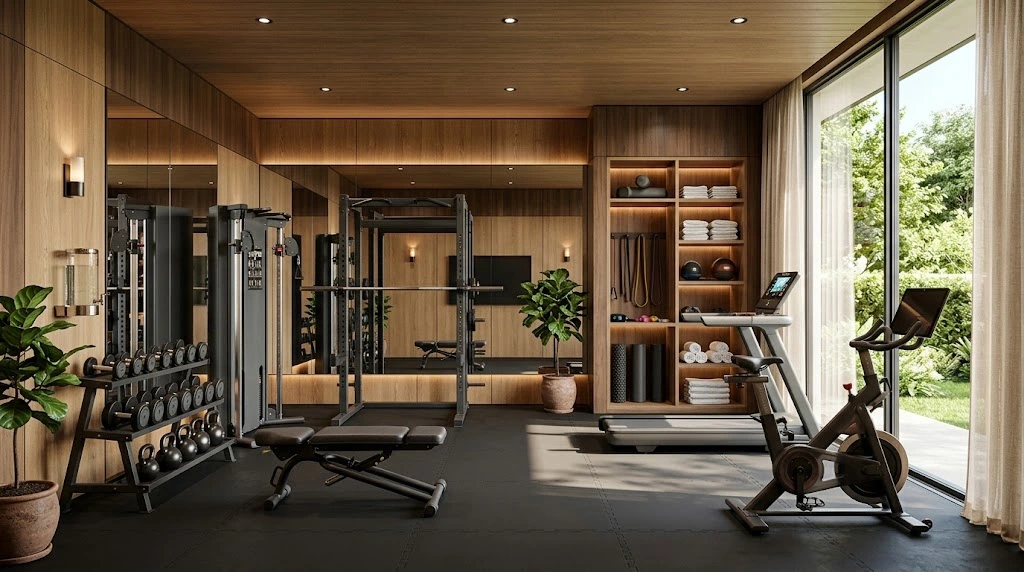 Home gym decor inspiration with coordinated fitness equipment and an organized workout area