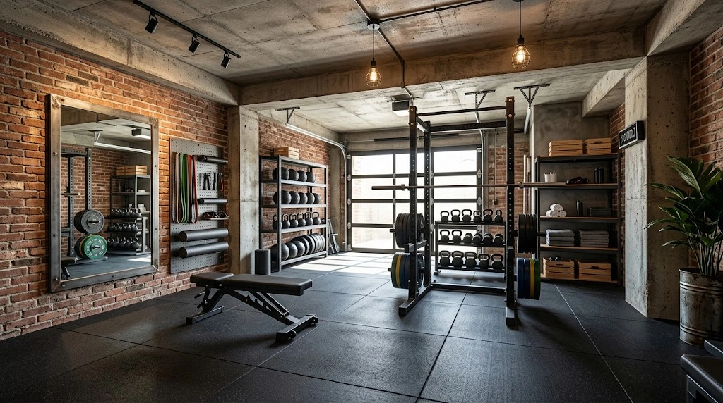 Stylish home workout room with coordinated decor and organized exercise equipment