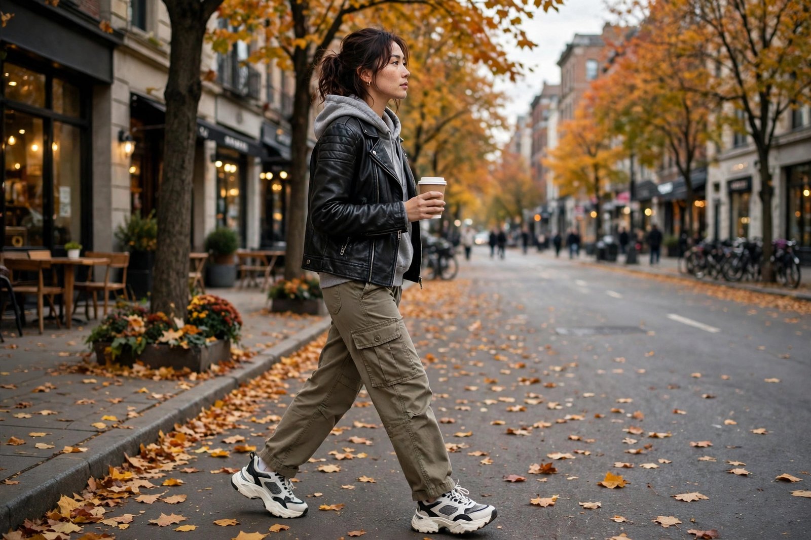 A woman in a black leather jacket, grey hoodie, cargo jeans and chunky sneakers walking on an autumn street with a coffee in hand