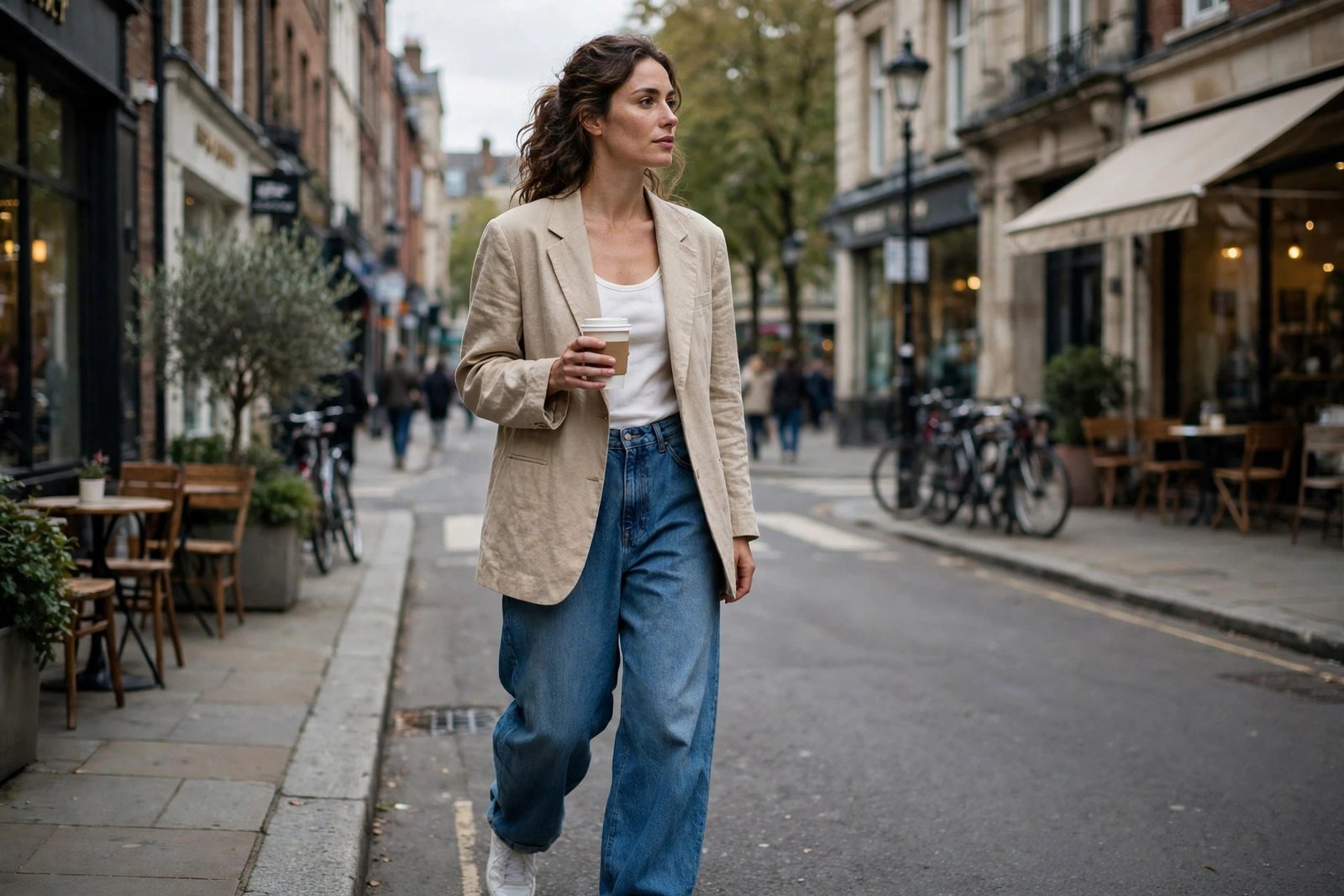A woman in an oversized beige blazer, white tank top, baggy blue jeans and white sneakers carrying a coffee cup on a city street