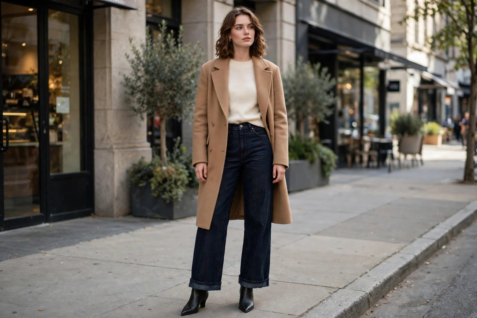 Woman wearing dark high-rise wide-leg jeans with a fitted cream knit tucked in, pointed ankle boots and a camel coat, standing in daylight on a city pavement, photorealistic editorial fashion photography