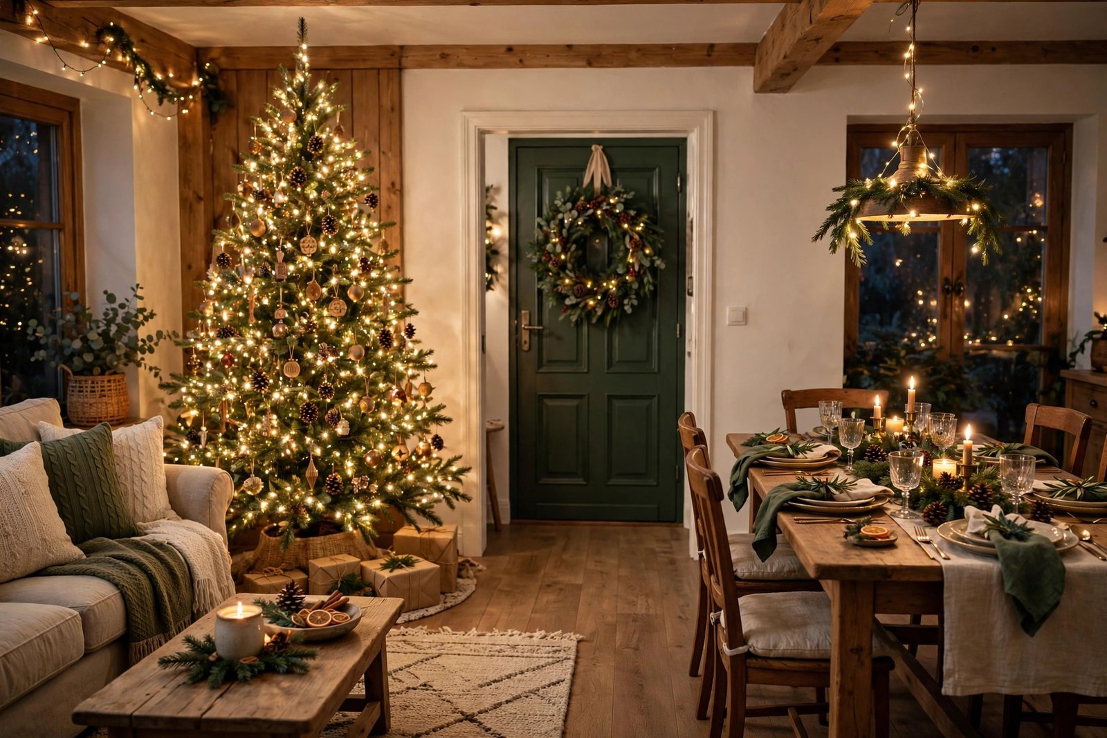 A cosy home decorated room by room for Christmas with a glowing living room tree, festive dining table, wreath on the door and warm fairy lights, photorealistic interior photography