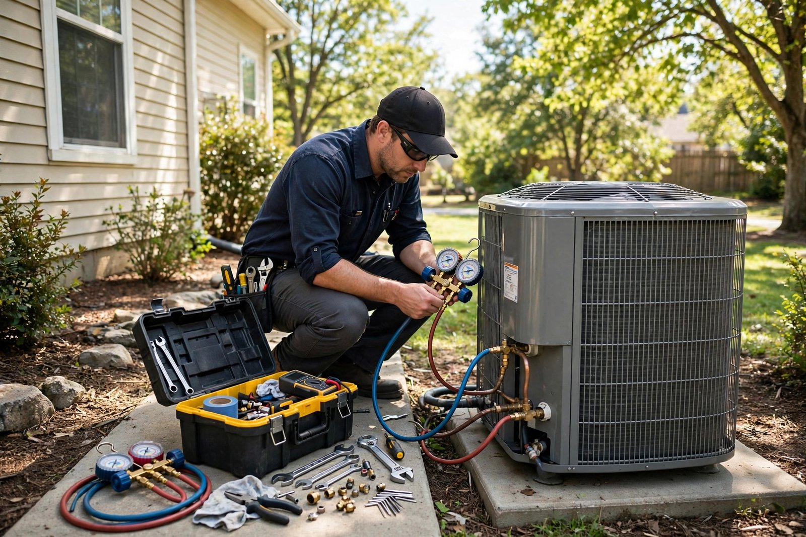 Technician inspecting an outdoor central air conditioner condenser unit beside a house on a sunny day, gauges and tools nearby, photorealistic home maintenance photography
