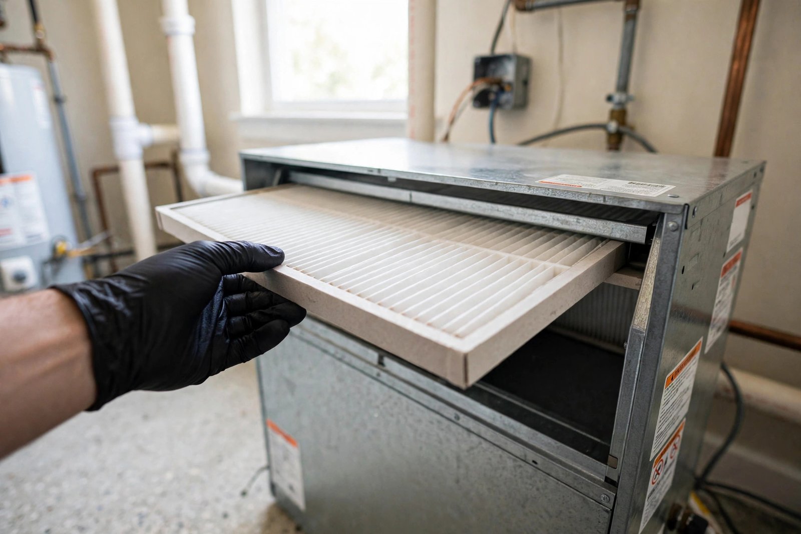 Homeowner holding a clean white pleated AC filter next to an open air handler unit in a bright utility room