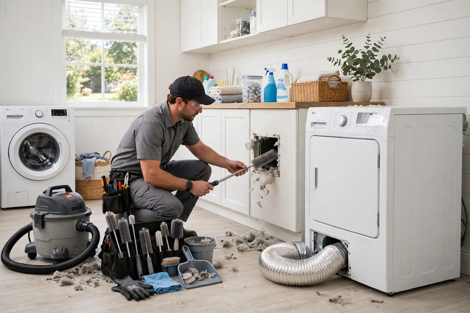 Technician brushing lint out of a dryer vent duct in a bright laundry room, white tumble dryer pulled from the wall, cleaning kit and vacuum nearby, photorealistic home maintenance photography