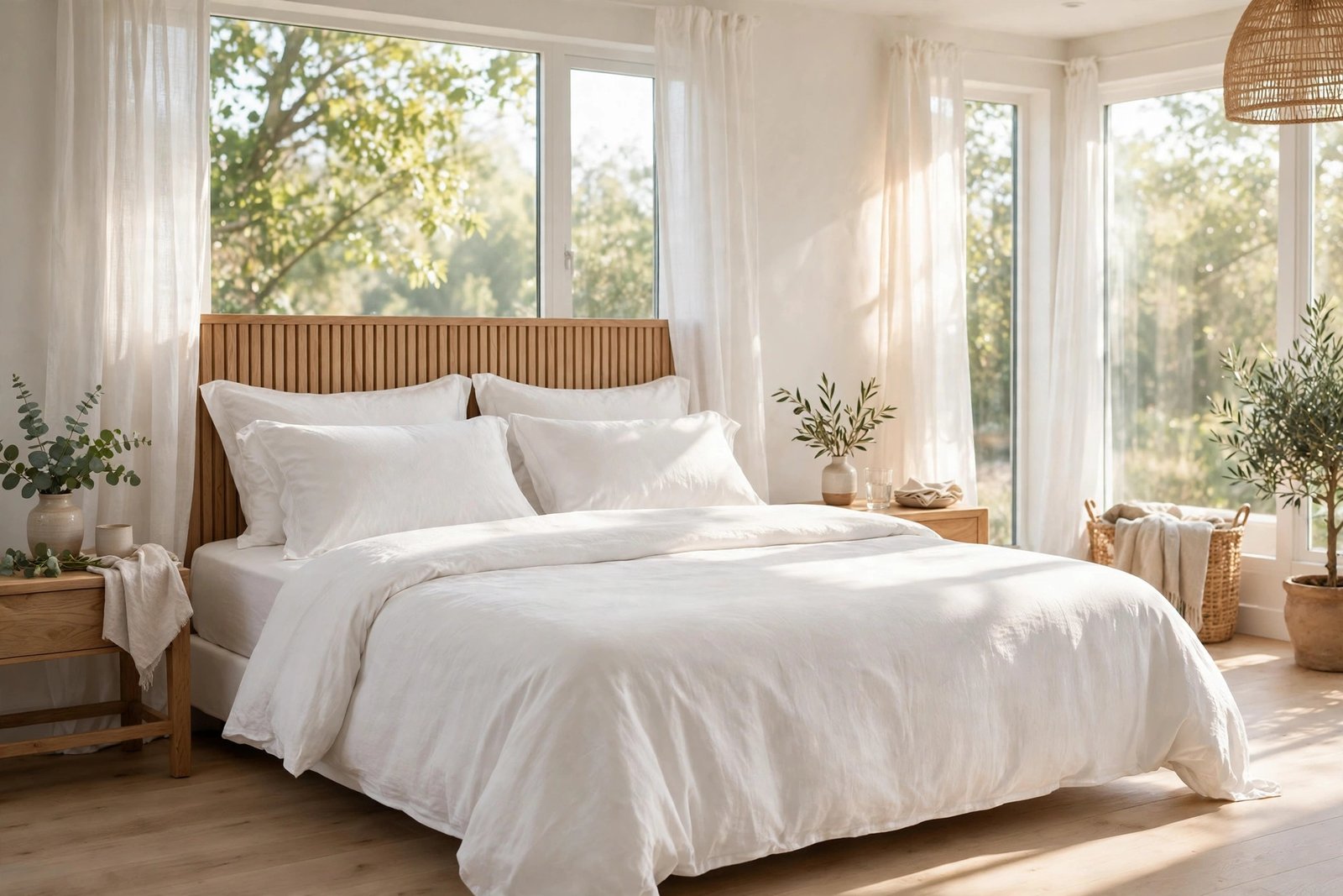Fresh white mattress with crisp bedding in a bright airy bedroom with morning sunlight