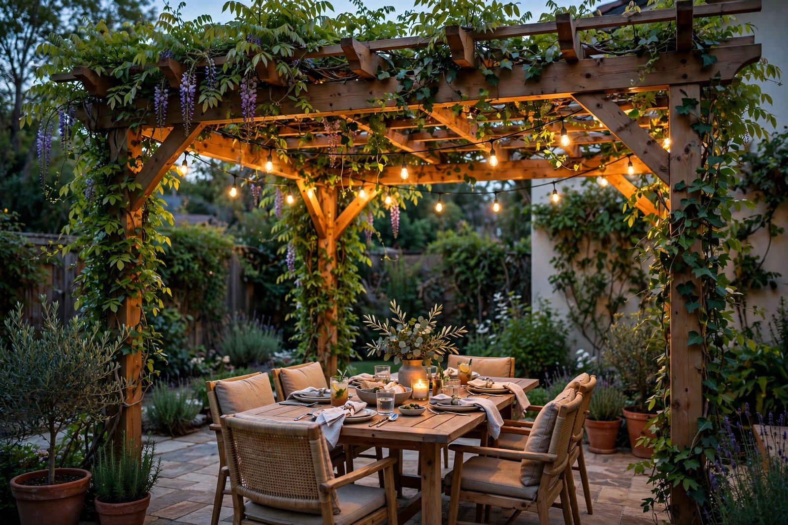 Wooden pergola over a garden patio with outdoor dining furniture, climbing plants, and warm evening string lights, photorealistic outdoor home photography