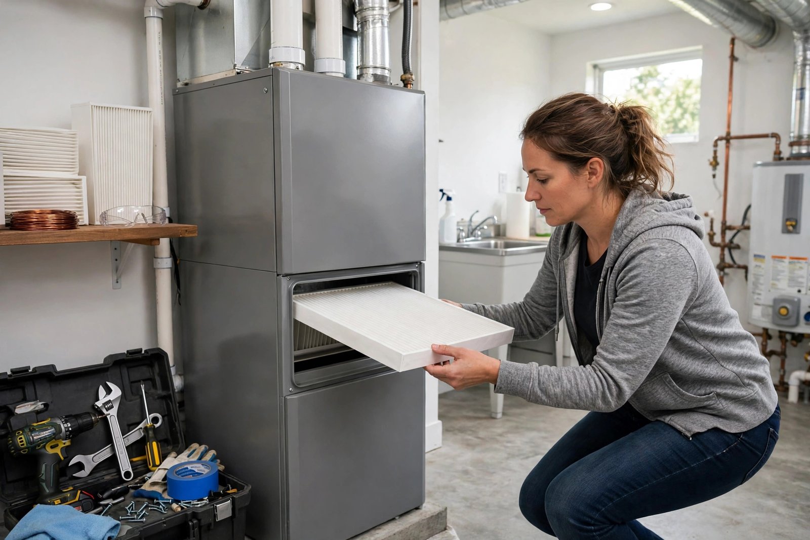 Homeowner sliding a clean white pleated HVAC air filter into a furnace filter slot, utility room with furnace unit, photorealistic home maintenance photography