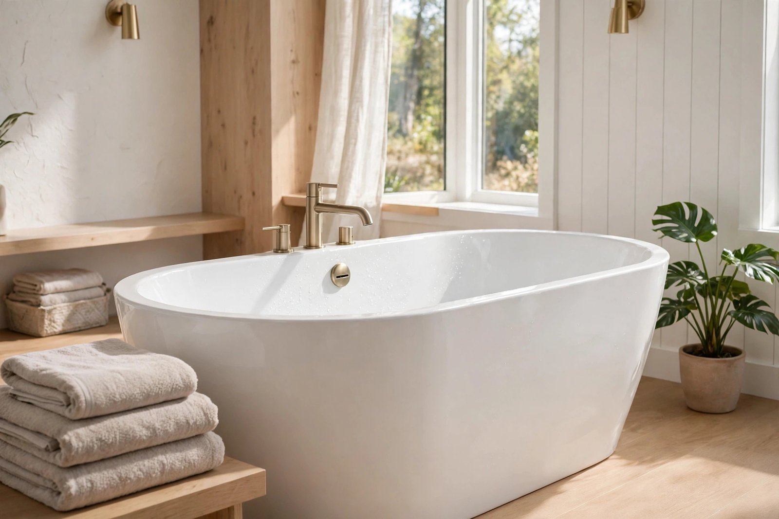 A sparkling clean white freestanding bathtub in a bright modern bathroom with folded towels, a plant and natural light, photorealistic home photography