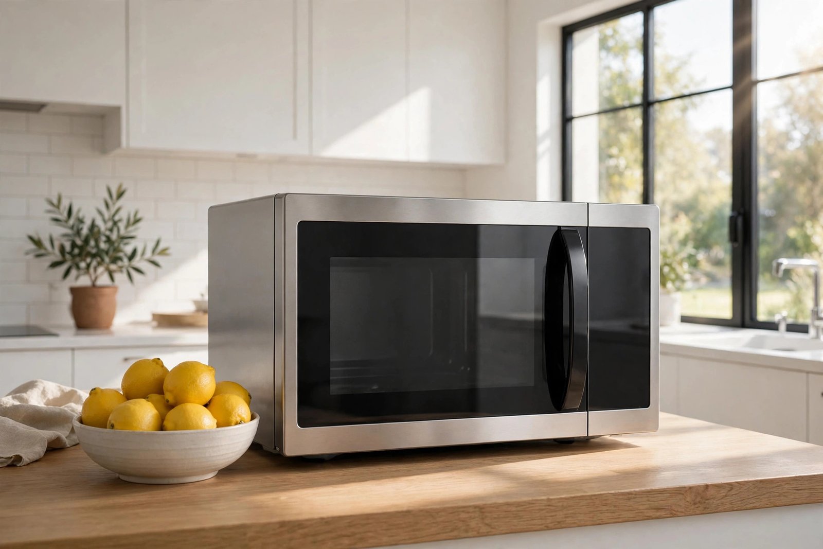 Photorealistic clean modern microwave with spotless glass door in a bright contemporary kitchen with sunlight and a bowl of lemons on the counter