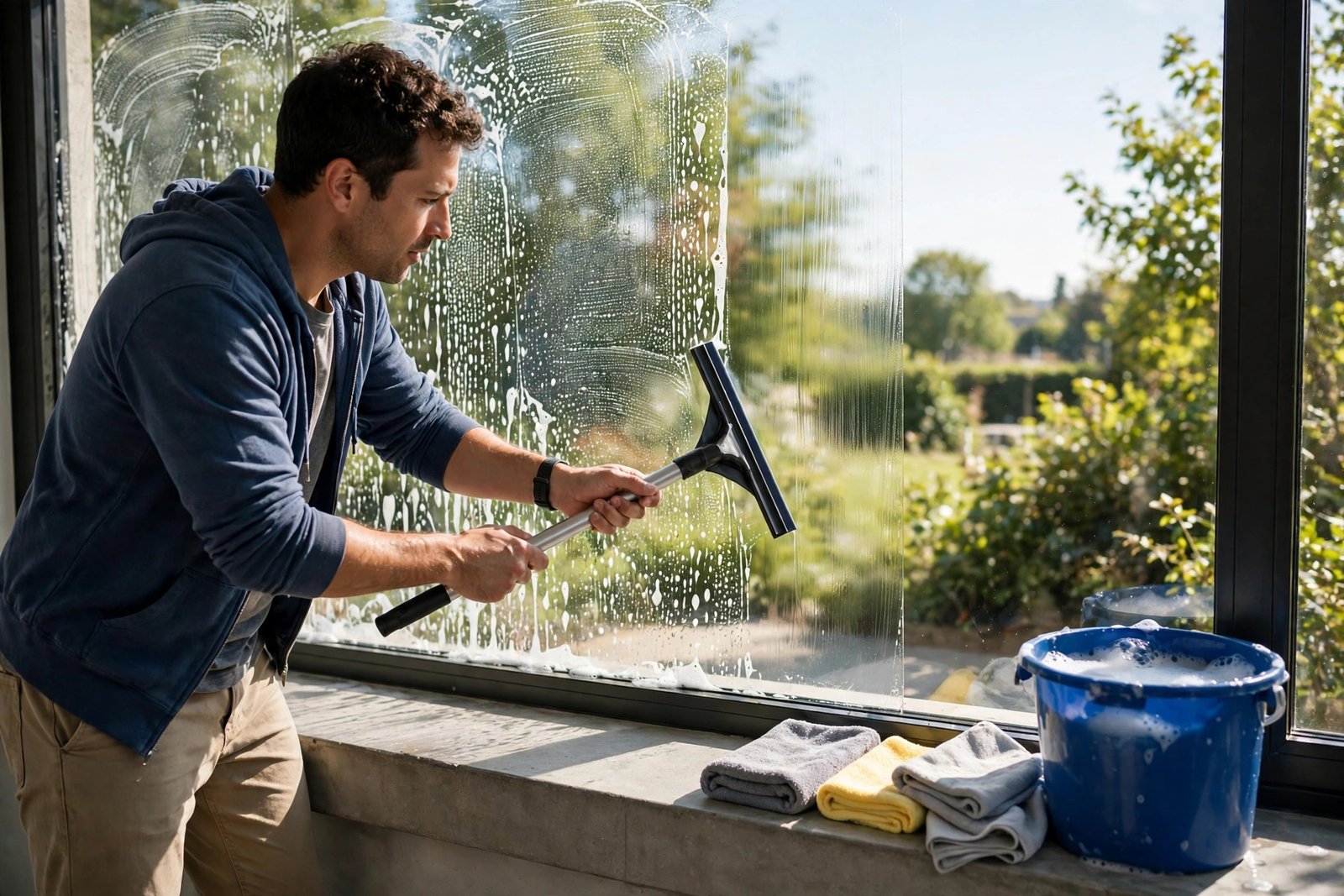 Person cleaning a large sunlit window with a squeegee, leaving a clear streak-free pane beside a bucket and microfiber cloths