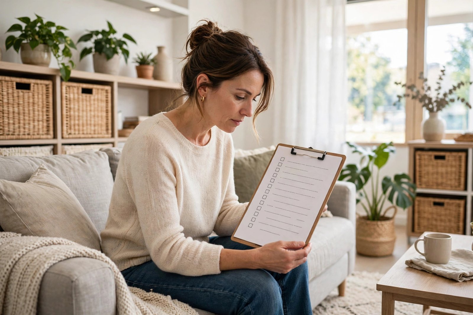 Homeowner reviewing a printed home maintenance checklist on a clipboard in a bright modern living room, notebook and pen on coffee table, photorealistic home organization photography