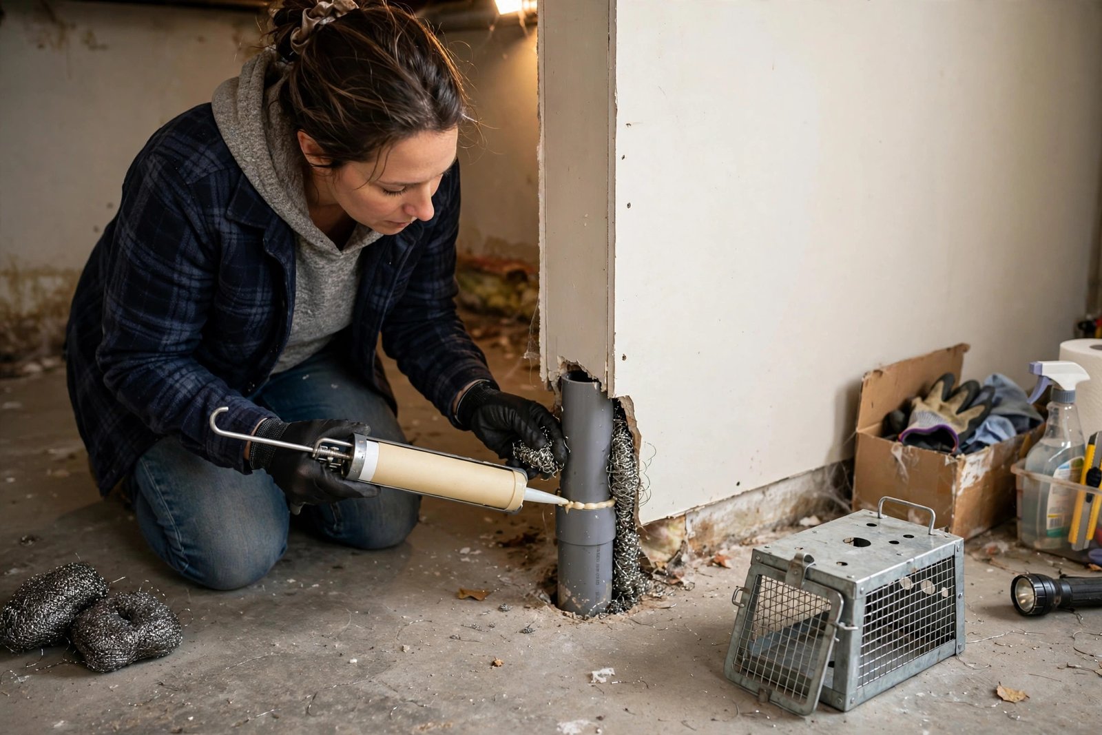 Homeowner in gloves sealing a small gap beside a wall pipe with steel wool and caulk while a humane snap trap sits nearby on the floor
