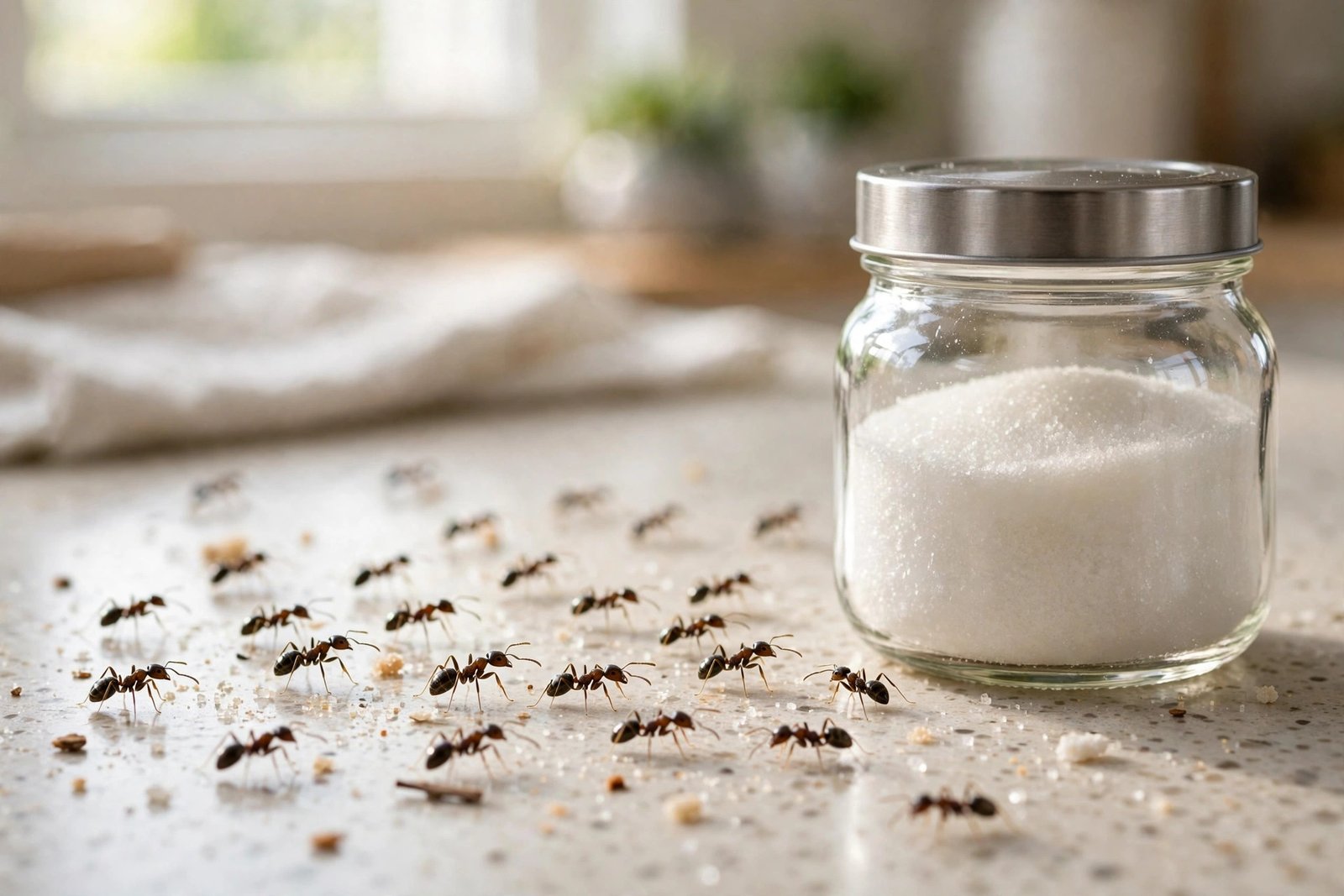 Close-up of tiny sugar ants on a kitchen counter near a sealed sugar jar, bright daylight, photorealistic macro home photography