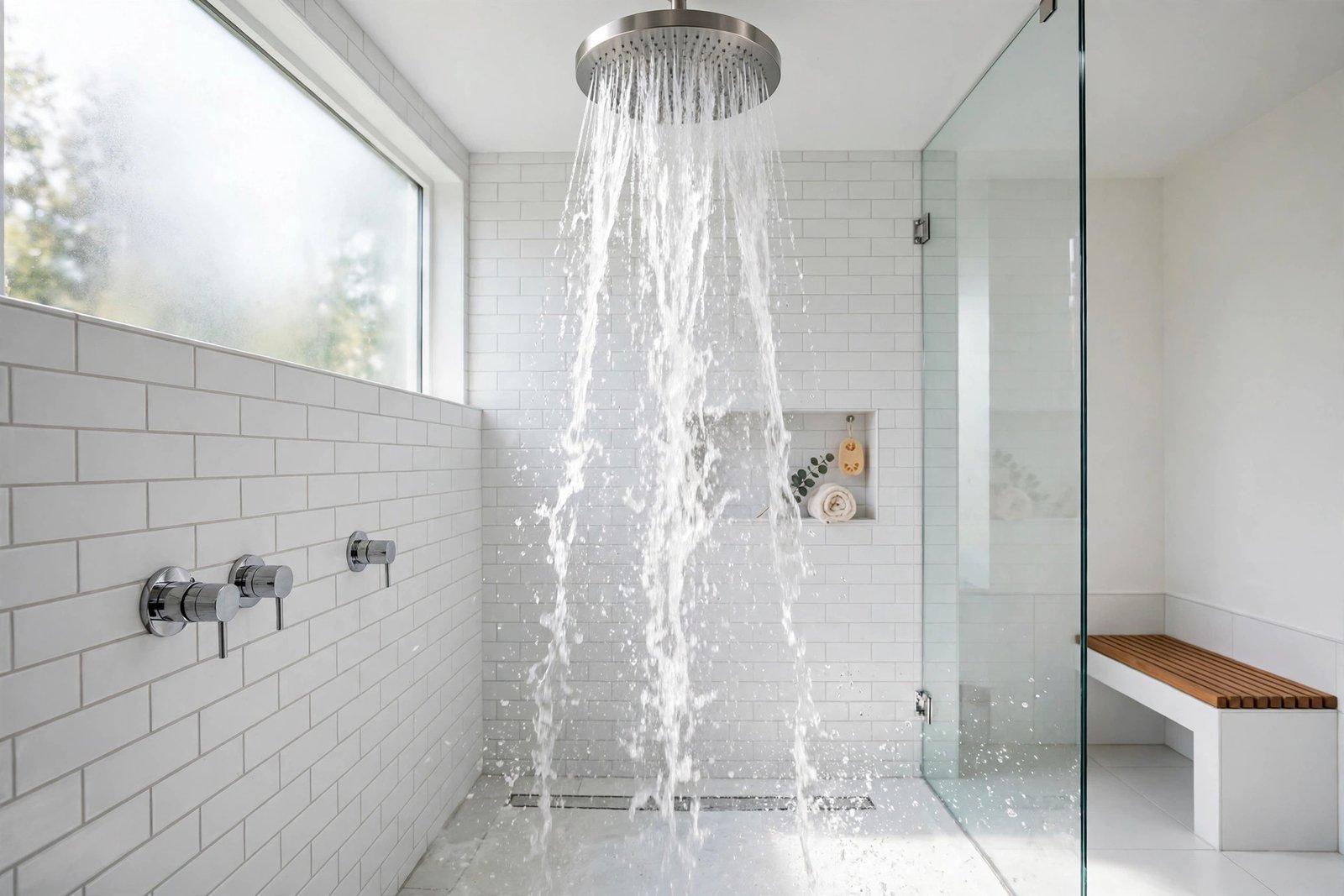 Bright modern shower with strong water streams from a large rainfall showerhead over clean white tiles, photorealistic, no text