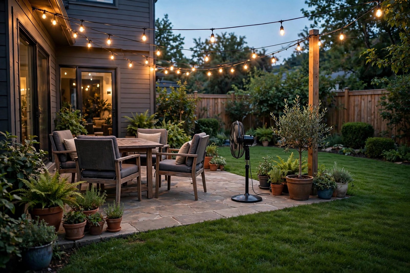 A tidy backyard patio at dusk with outdoor seating, string lights, a pedestal fan, trimmed lawn and potted plants, no standing water, photorealistic home photography