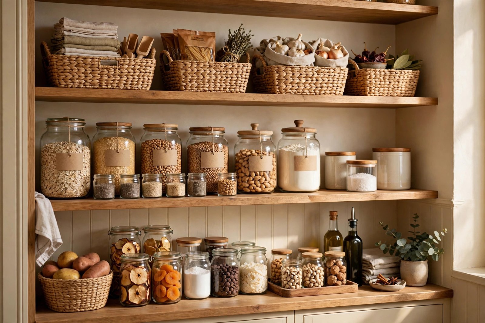 Neatly organized pantry shelves with labelled glass jars, woven baskets and grouped food categories in warm light