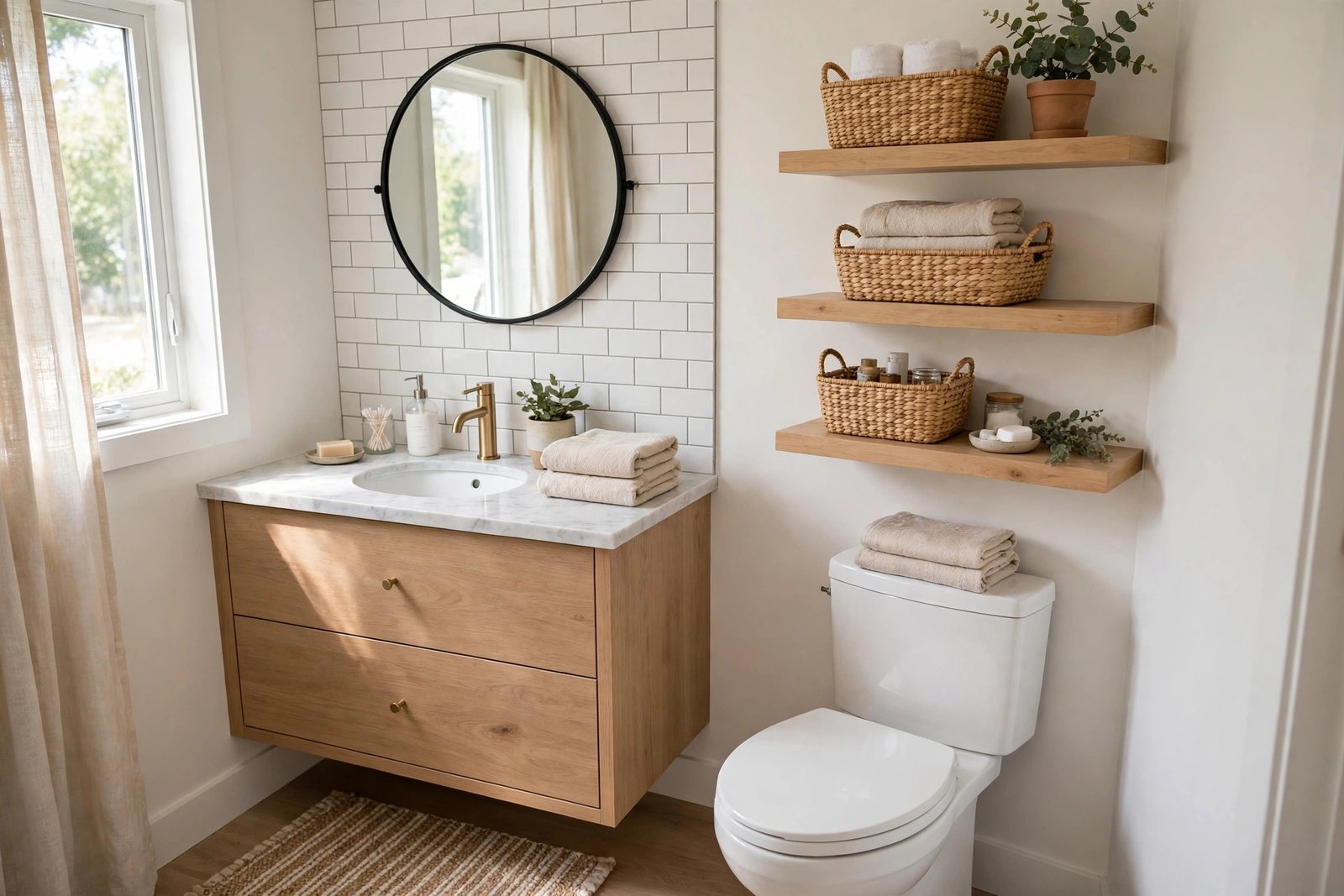 Bright organized small bathroom with floating shelves, woven baskets, a tidy vanity and folded towels, photorealistic interior photography