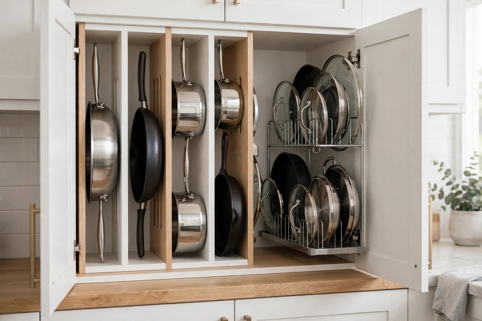 Neatly organized kitchen cabinet with pots and pans stored vertically on dividers and lids in a separate rack, bright modern kitchen, photorealistic home organization photography