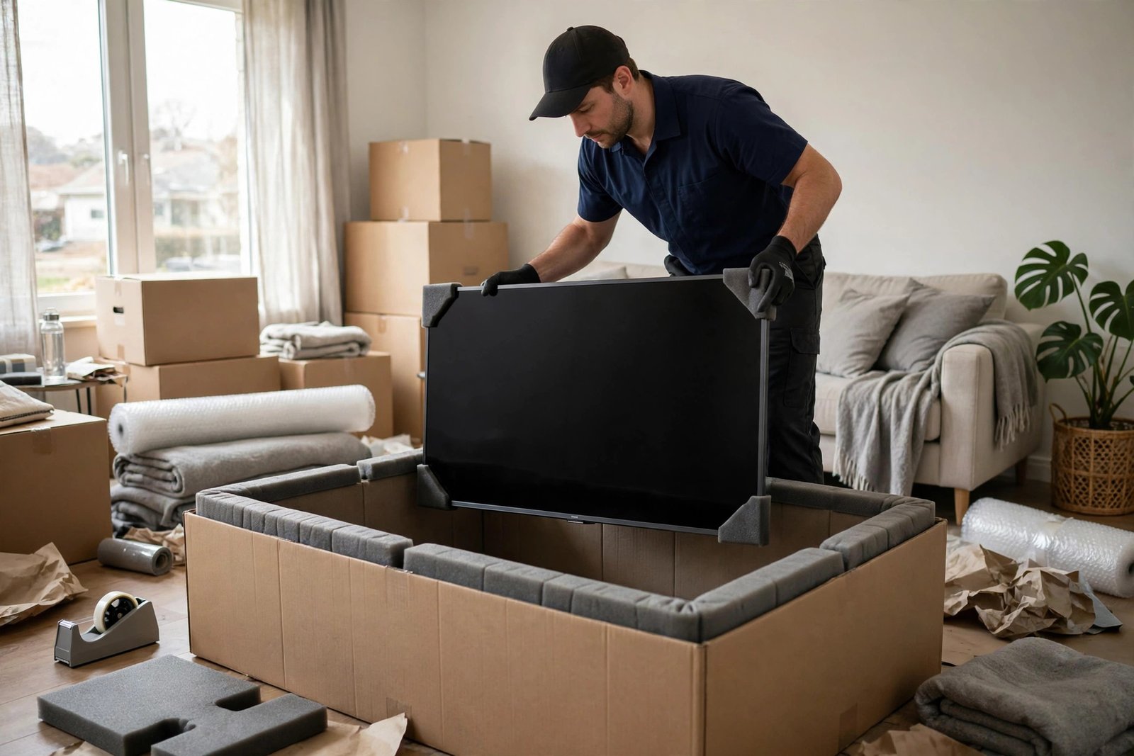 Person carefully wrapping a large flat-screen television in a soft moving blanket beside an open TV box in a living room