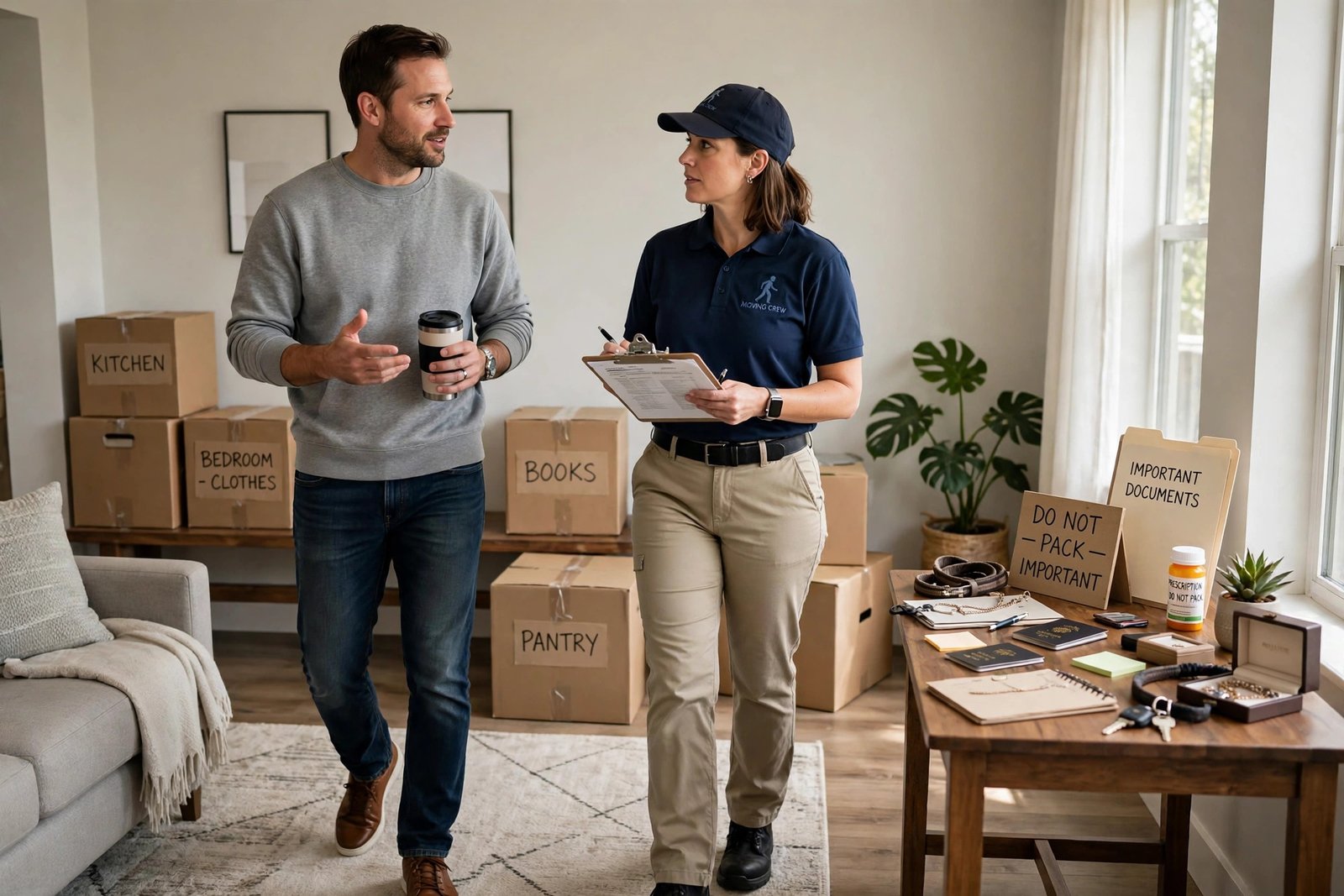 Professional movers packing labelled cardboard boxes in a bright living room with furniture ready for moving day
