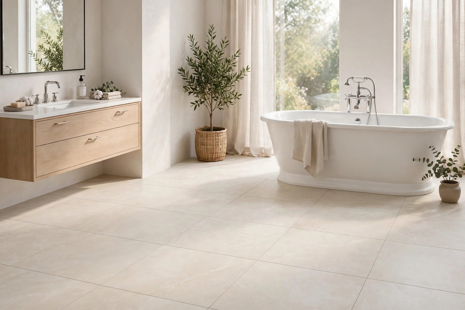 Freshly laid large-format porcelain floor tiles in a bright modern bathroom with a freestanding bath and soft natural light
