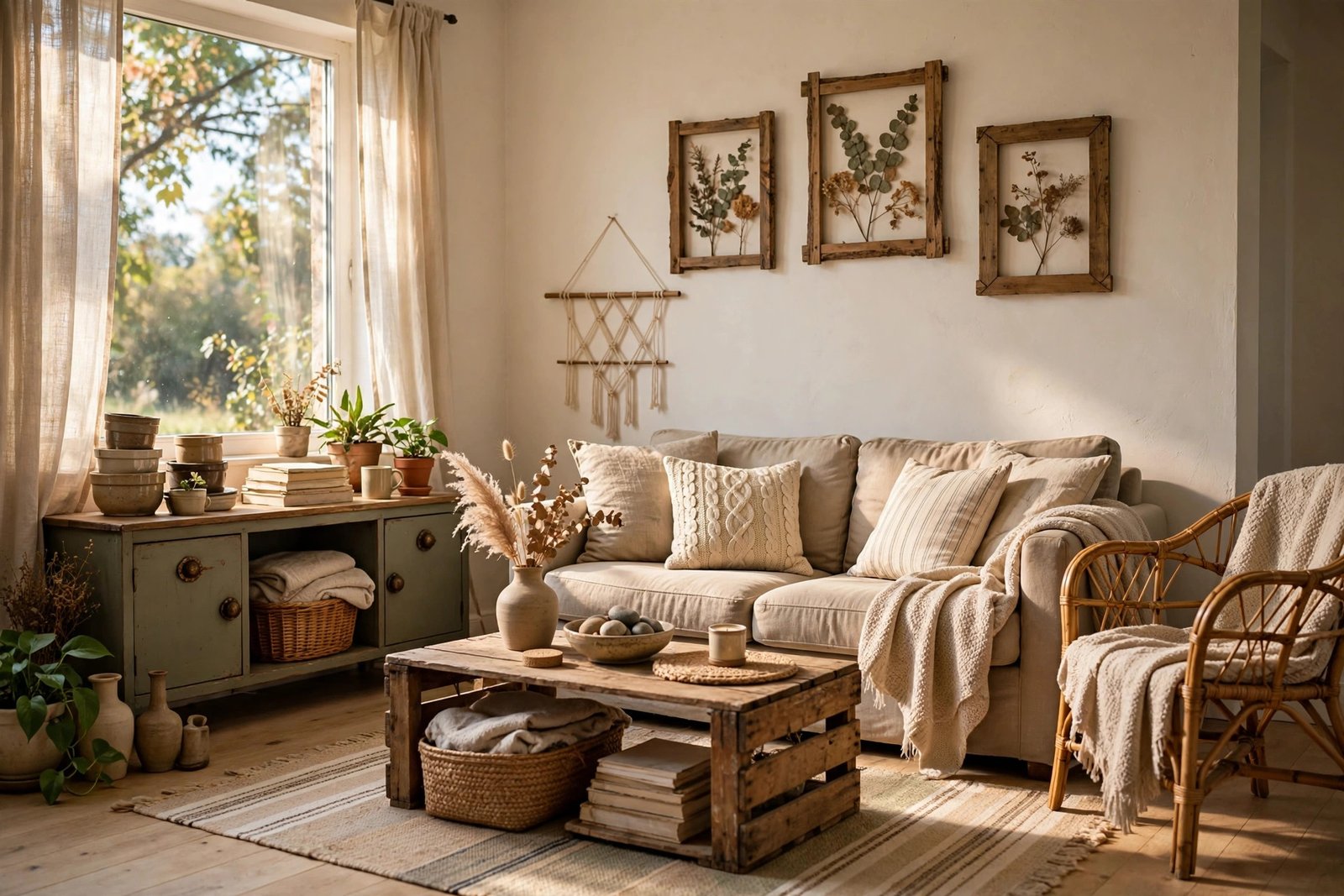 Stylish budget living room with thrifted furniture, neutral textiles, DIY wall art and bright daylight