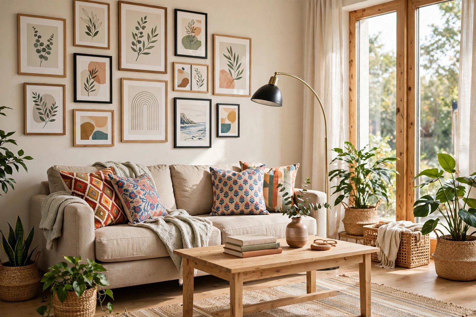 Warm living room styled entirely with affordable Amazon decor finds — round rattan mirror, boucle throw pillows, brass table lamp, woven basket with faux olive tree, and layered neutral textiles